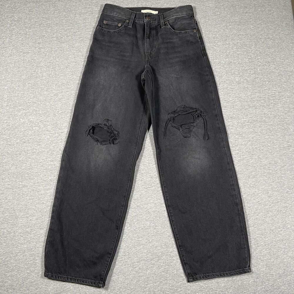 Levi's Premium Baggy Dad Wide Leg Jeans Womens 25 Gray Charcoal Distressed Denim